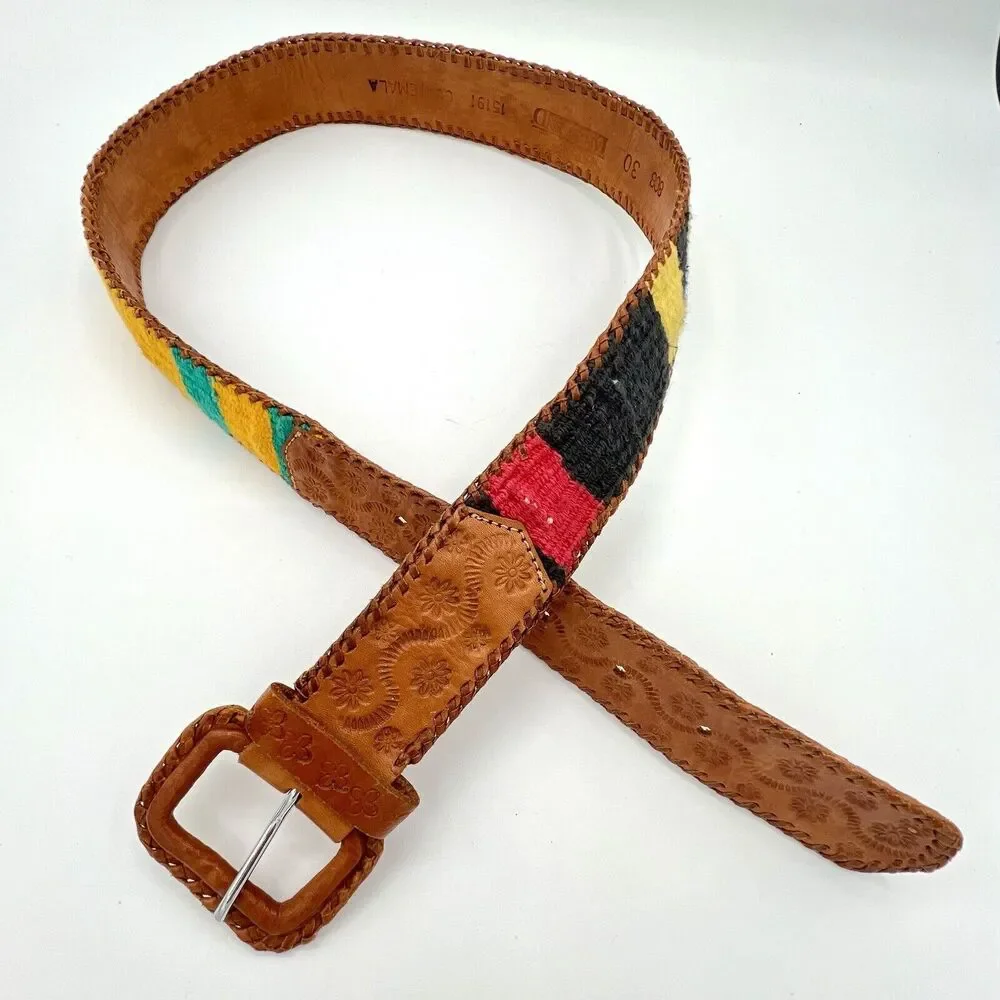 Lands' End Belt Guatemala Woven Tapestry Stamped Leather Colorful Vintage Sz 30